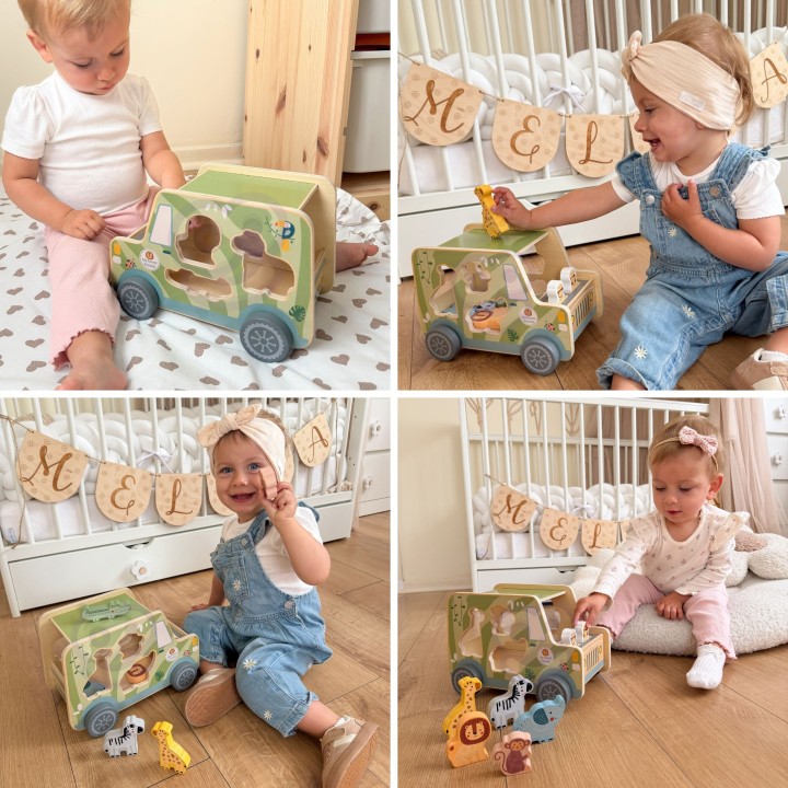 Drewniany samochód aktywności safari TOOKY TOY - zwierzęta 9 el.