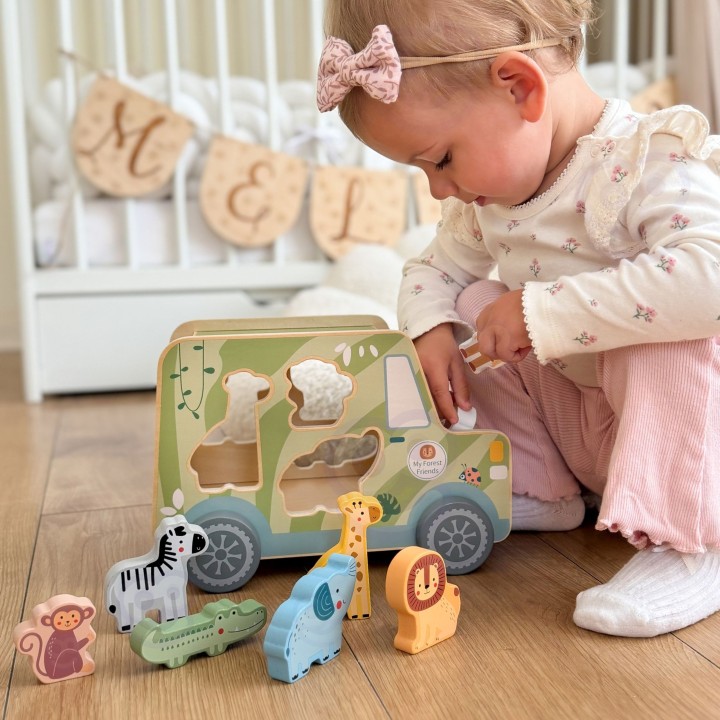 Drewniany samochód aktywności safari TOOKY TOY - zwierzęta 9 el.