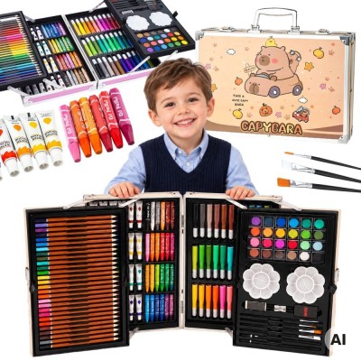 Art set in a suitcase for painting, drawing, crayons, paints