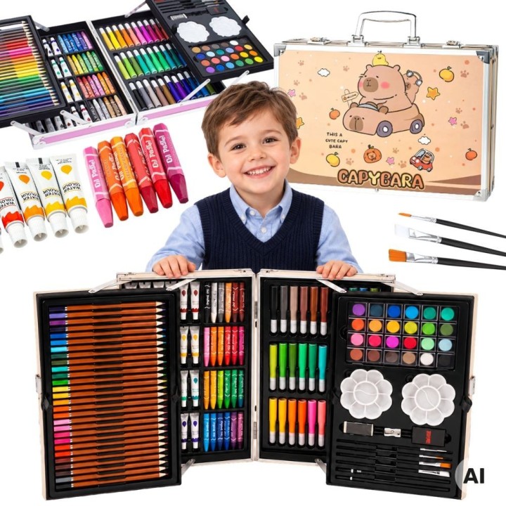 Art set in a suitcase for painting, drawing, crayons, paints
