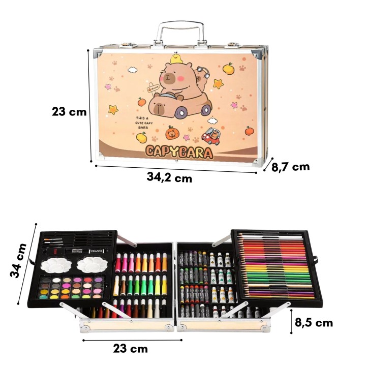 Art set in a suitcase for painting, drawing, crayons, paints