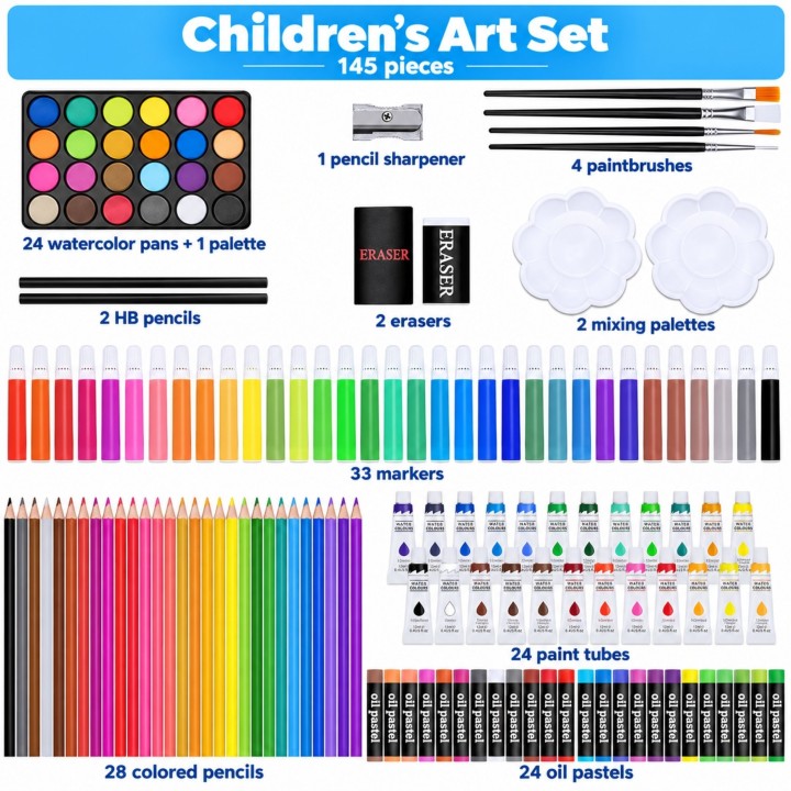 Art set in a suitcase for painting, drawing, crayons, paints