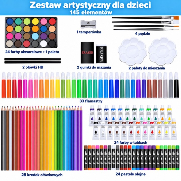 Art set in a suitcase for painting, drawing, crayons, paints