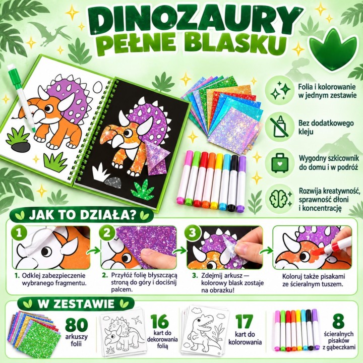 Zestaw Plastyczny Wyklejanka Błyszcząca Folia Dinozaury Woopie