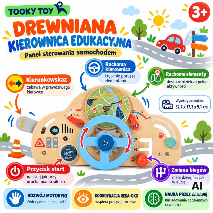 Panel Sterowania Samochodem Tooky Toy - Drewniana Kierownica