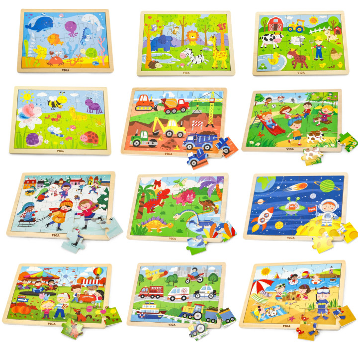 Puzzle drewniane 12 plansz po 24 puzzle w stojaku Viga Toys