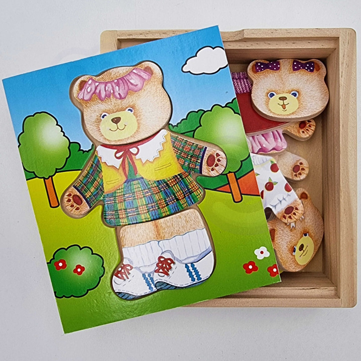 Viga Drewniane Puzzle Układanka Ubierz Misia dziewczynkę