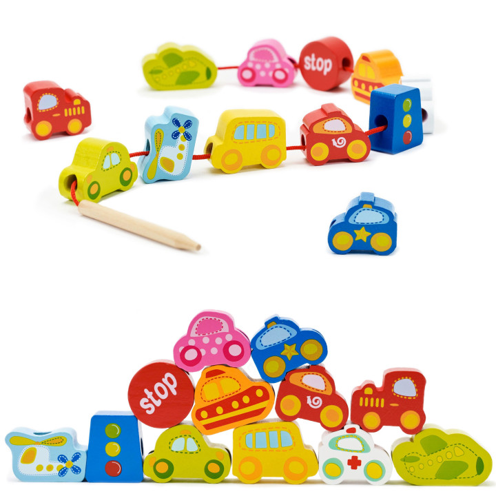 CLASSIC WORLD Wooden Threading Blocks Road Traffic 13 pcs.